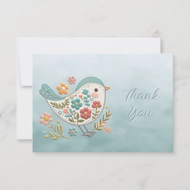 Little Bird Blue Rosa Flowers (små fågelblåa blomm Tack Kort (Framsida)