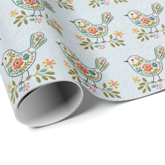 Little Bird Blue Rosa Flowers Wrapping Papper Presentpapper (Rullad Hörn)