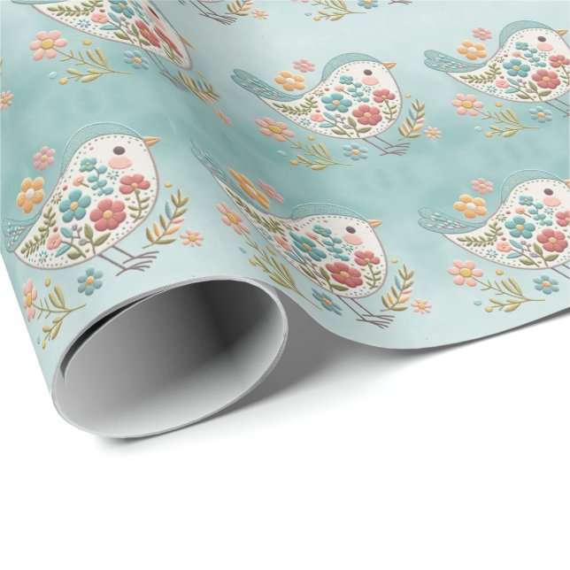 Little Bird Blue Rosa Flowers Wrapping Papper Presentpapper (Rullad Hörn)