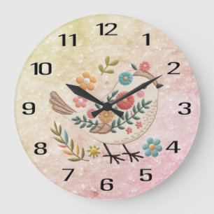 Little Bird Löv Flowers Rosa Wall Clock Stor Klocka