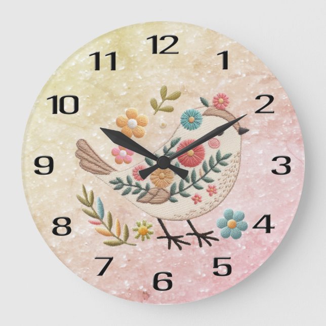 Little Bird Löv Flowers Rosa Wall Clock Stor Klocka (Framsida)