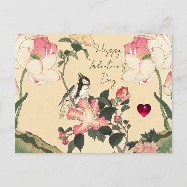LITTLE BIRD,PINK ROSES,LOTUS FLOWER Valentine Day Helg Vykort (Framsida)