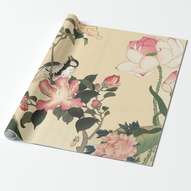 LITTLE BIRD WITH PINK ROSES AND LOTUS FLOWERS PRESENTPAPPER (Utrullad)