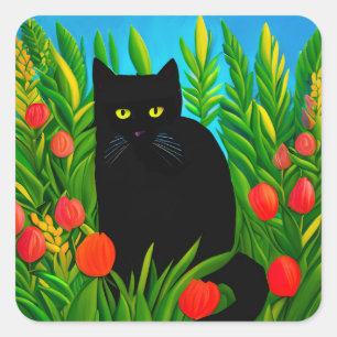 Little Black Cat i Tulip Garden Fyrkantigt Klistermärke