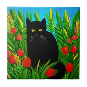 Little Black Cat i Tulip Garden Kakelplatta