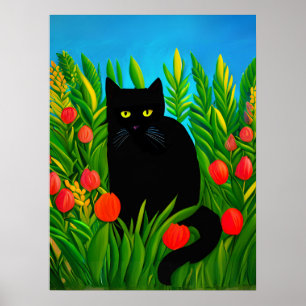 Little Black Cat i Tulip Garden Poster