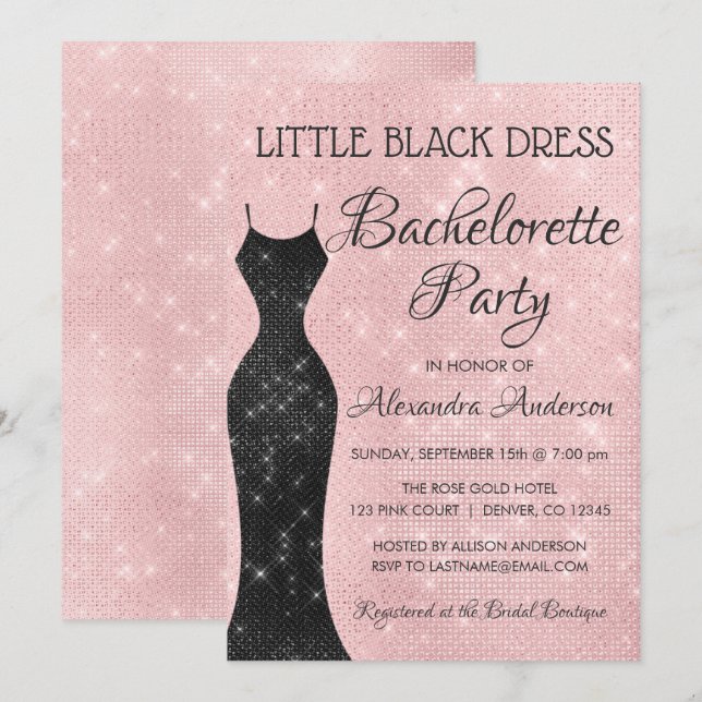 Little Black Dress  Rosa Bachelorette Party Inbjudningar (Fram/baksida)