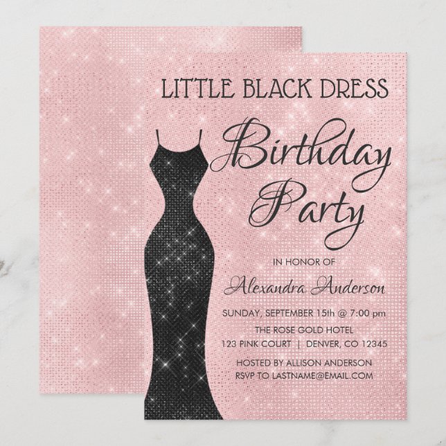 Little Black Dress  Rosa Födelsedagsfest Inbjudningar (Fram/baksida)