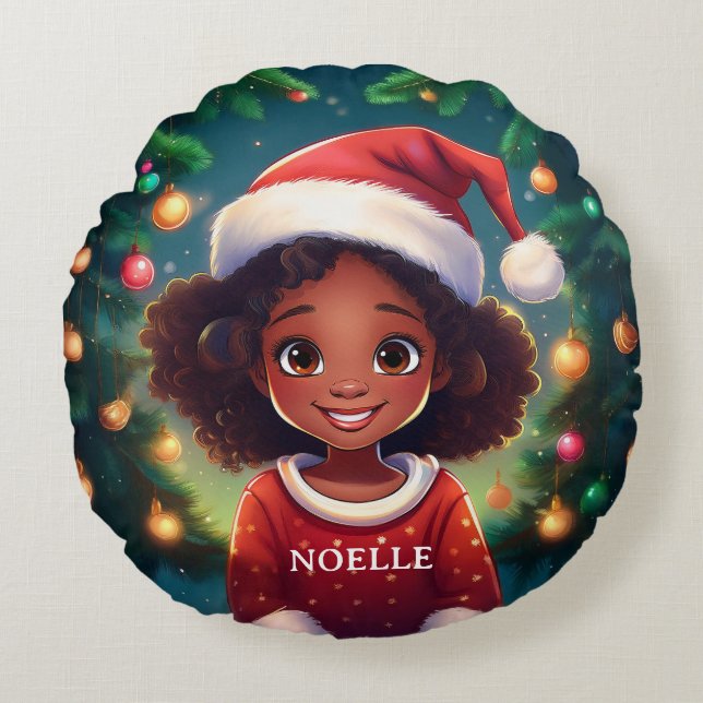 Little Black Girl jul Santa Hat Rund Kudde (Framsidan)