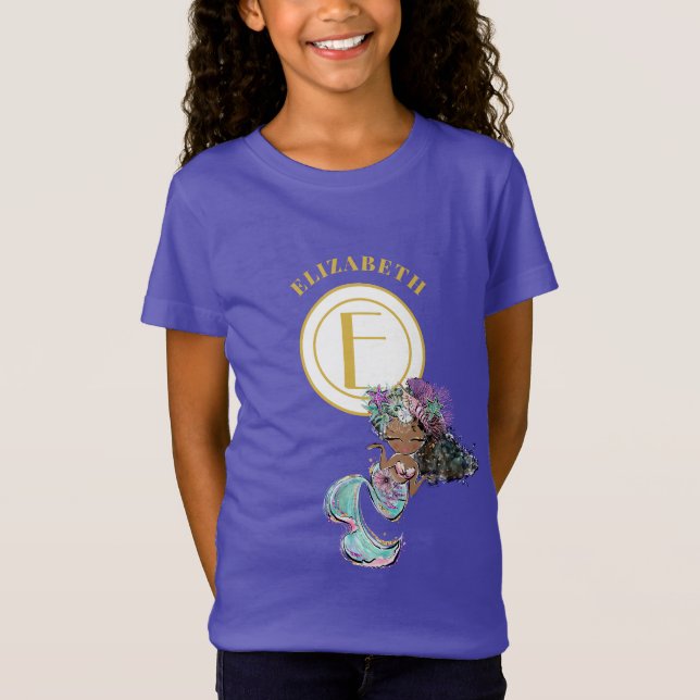 Little Black Sjöjungfru Söt Blue Guld Monogram T Shirt (Framsida)