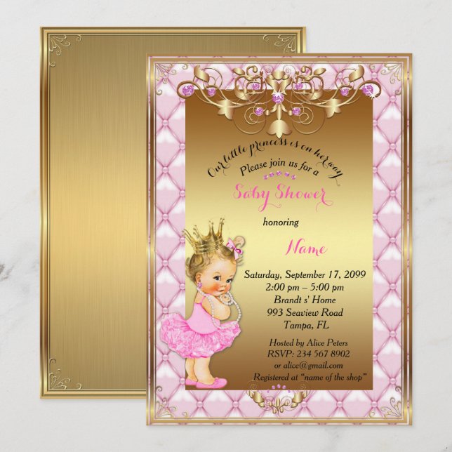 Little Blond Princess, Baby Shower-inbjudan,guld Inbjudningar (Fram/baksida)