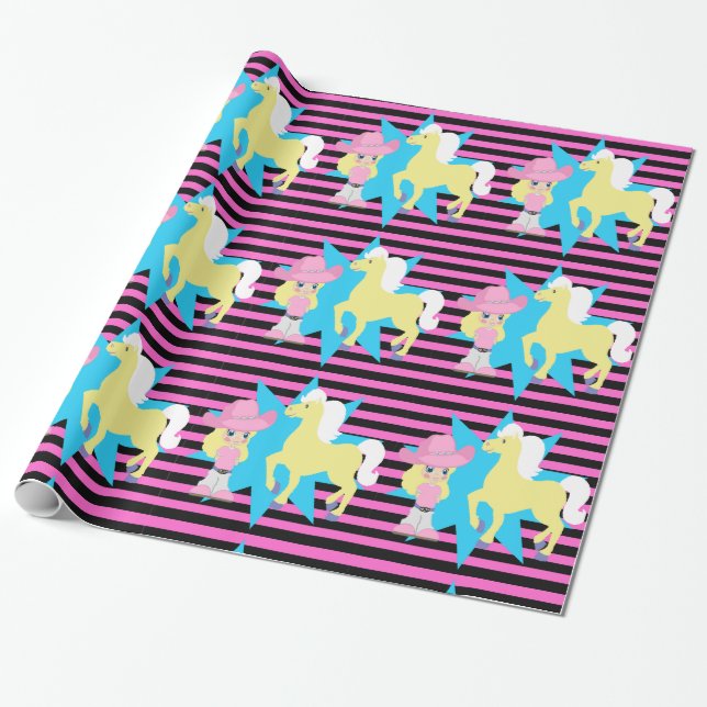 Little Blonde Cowgirl with Horse any Occassion Presentpapper (Utrullad)