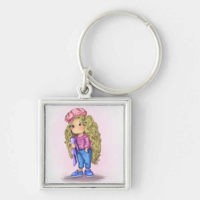 Little Blonde Girl Bunny Leksak Keychain Fyrkantig Silverfärgad Nyckelring (Framsidan)