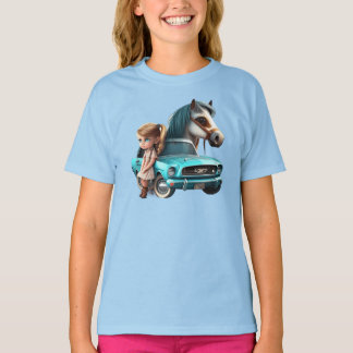 Little Blonde Girl with Mustang Car Pony Horse T Shirt