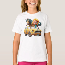 Little Blonde Girl with Mustang Car Pony Horse T Shirt
