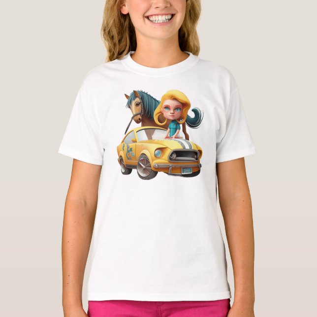 Little Blonde Girl with Mustang Car Pony Horse T Shirt (Framsida)