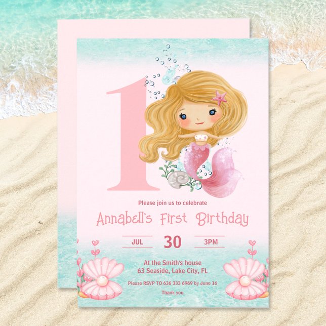 Little Blonde Sjöjungfru Rosa 1:a födelsedagsinbju Inbjudningar (1st Birthday invitation with a cute mermaid )
