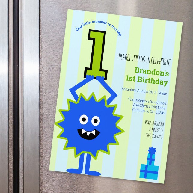 Little Blue Boy Monster 1:a födelsedagscute Magnetisk Inbjudningskort (Skapare uppladdad)
