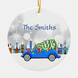 Little Blue Car & Träd jul Anpassningsbar Julgransprydnad Keramik