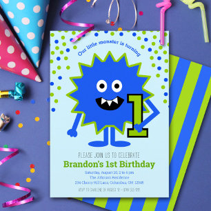 Little Blue Monster Boy 1st Birthday Cute Roligt Inbjudningar