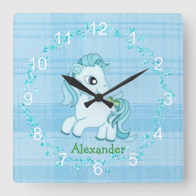 Little Blue Pony Nursery Wall Clock Fyrkantig Klocka (Framsida)