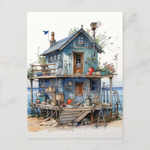 Little Blue Seaside Shack Art Vykort