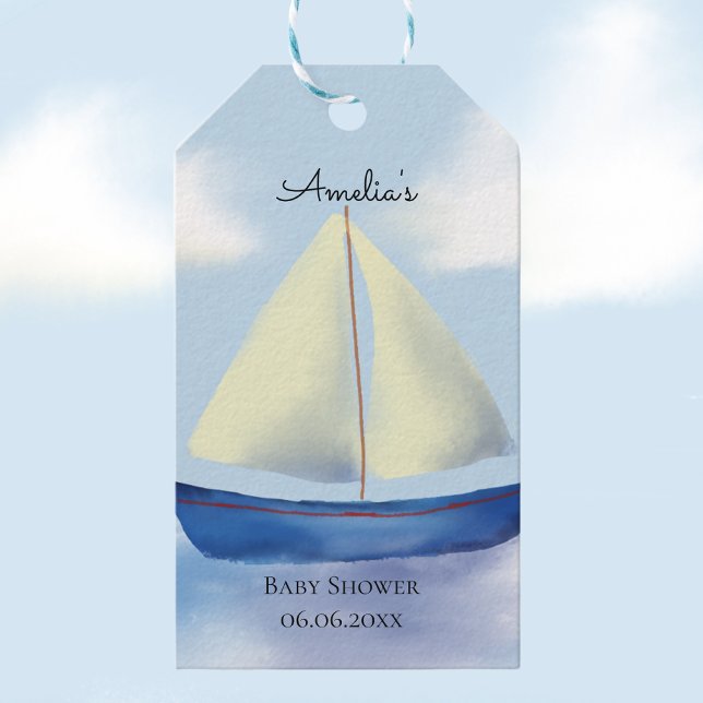 Little Blue Segelbåt Baby Shower Presentetikett (Whimsical baby shower favor tags with a nautical theme)