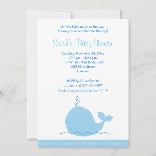 Little Blue Whale 5x7 Baby Shower-inbjudan Inbjudningar (Framsida)