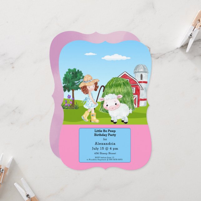 Little Bo Peep Sheep Fairy Tale Farm Birthday Inbjudningar (Fram/Back In Situ)