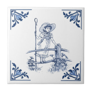 Little Bo Peep Shepherdes Girl Delft Blue & White Kakelplatta