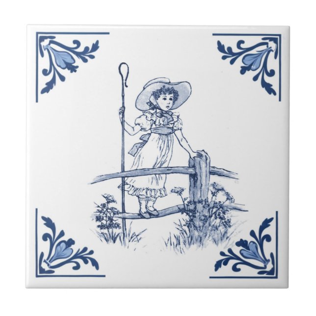 Little Bo Peep Shepherdes Girl Delft Blue & White Kakelplatta (Framsidan)