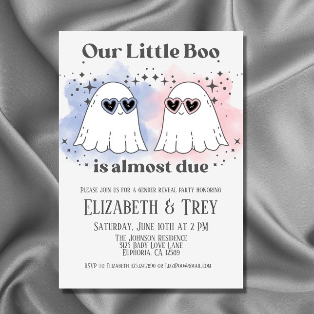 Little Boo är snart förfallen i Halloween Gender R Inbjudningar (Add some Halloween flair to your gender reveal with this cute ghost invitation.)