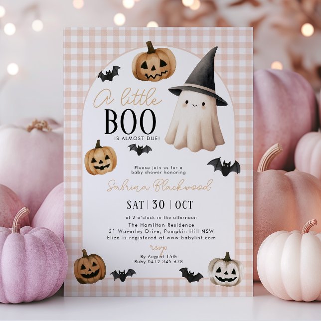 Little Boo Baby Shower Orange Ghost Pumpkin Inbjudningar (A little Boo is almost due! Orange halloween themed baby shower invitation with ghost and pumpkins)