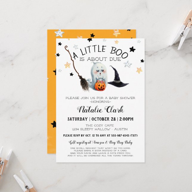 Little Boo Baby Shower Pumpkin Ghost Halloween Inbjudningar (Fram/Back In Situ)