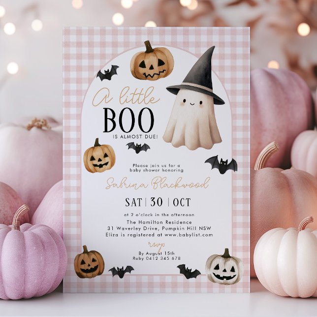 Little Boo Baby Shower Rosa Ghost Pumpkin Inbjudningar (A little Boo is almost due! Pink halloween themed baby shower invitation with ghost and pumpkins)