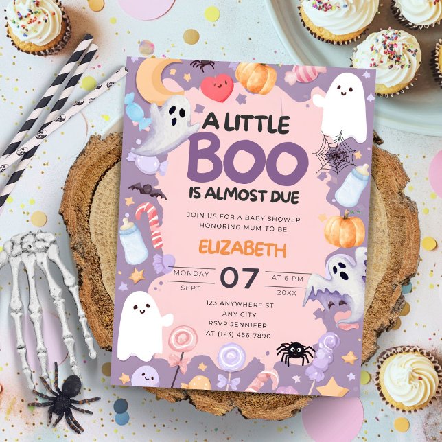 Little Boo babydusch Halloween Inbjudningar (Little Boo is Almost Due Halloween baby shower invitation featuring cute watercolor ghost, pumpkin, )