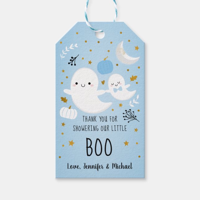 Little Boo Blue Boy Ghost Baby Shower Tack Presentetikett (Framsidan)
