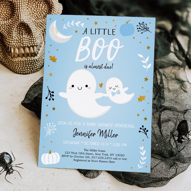 Little Boo Blue Guld Ghost Pumpkin Baby Shower Inbjudningar (Skapare uppladdad)