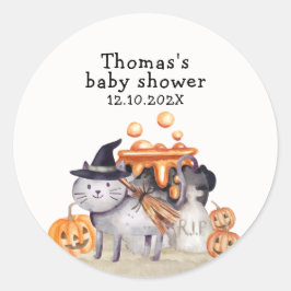 Little Boo Cat in Witch Hat Brewn Baby Shower Runt Klistermärke
