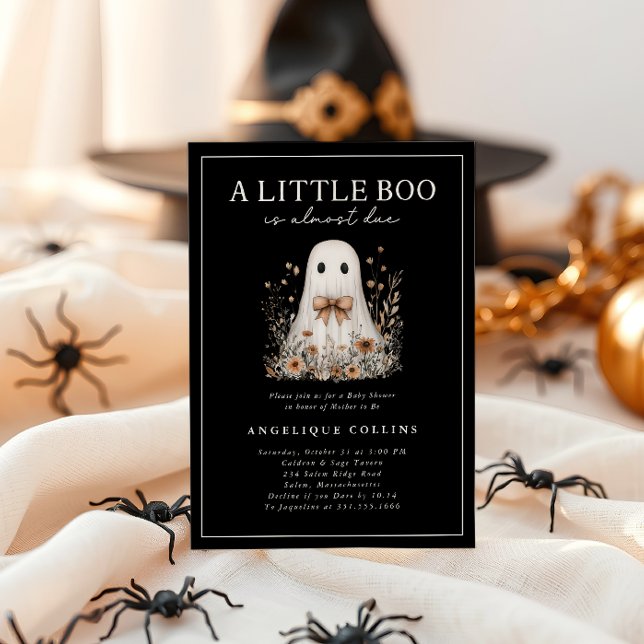 Little Boo Cute Ghost Bow WildblommBaby Shower Inbjudningar (A Little Boo is Almost Due - Ghost and wildflowers Baby Shower Invitation)
