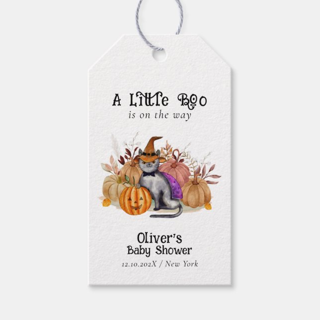 Little Boo Dikt Cat in Witch Hat Baby Shower Presentetikett (Framsidan)
