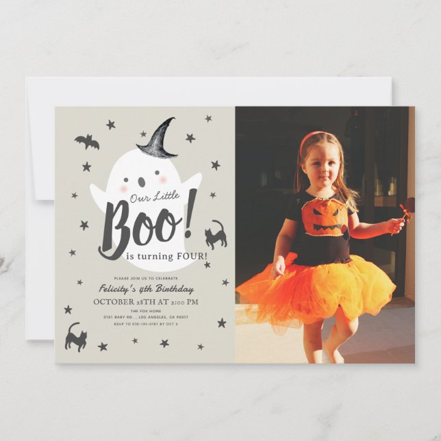 Little Boo Ghost Halloween Birthday Photo Inbjudningar (Framsida)