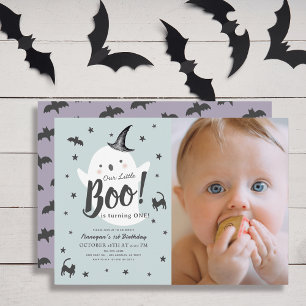 Little Boo Ghost Halloween Blue 1:a födelsedagsfot Inbjudningar