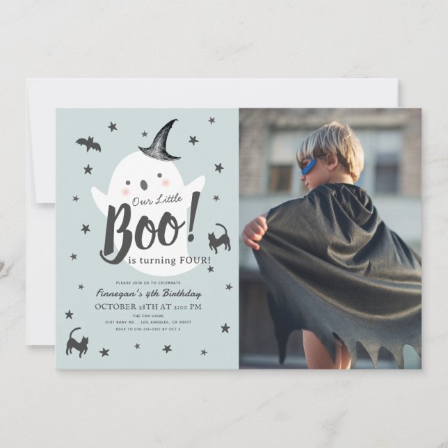 Little Boo Ghost Halloween Blue Birthday Photo Inbjudningar (Framsida)