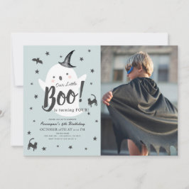 Little Boo Ghost Halloween Blue Birthday Photo Inbjudningar