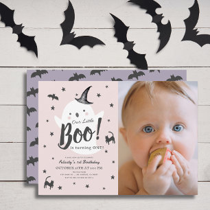 Little Boo Ghost Halloween Rosa 1:a födelsedagsfot Inbjudningar