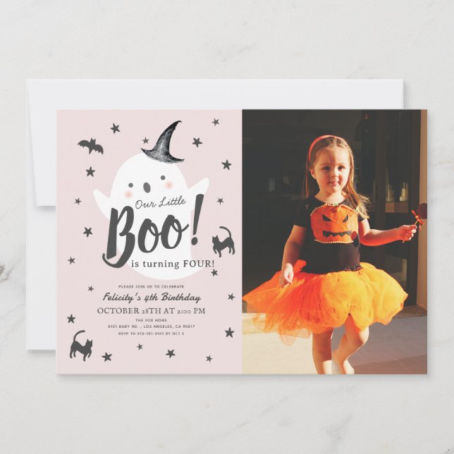Little Boo Ghost Halloween Rosa Birthday Photo Inbjudningar (Framsida)