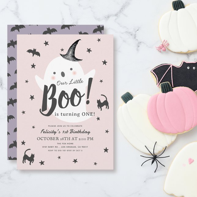 Little Boo Ghost Halloween Rosa Girl 1 Birthday Inbjudningar (Skapare uppladdad)