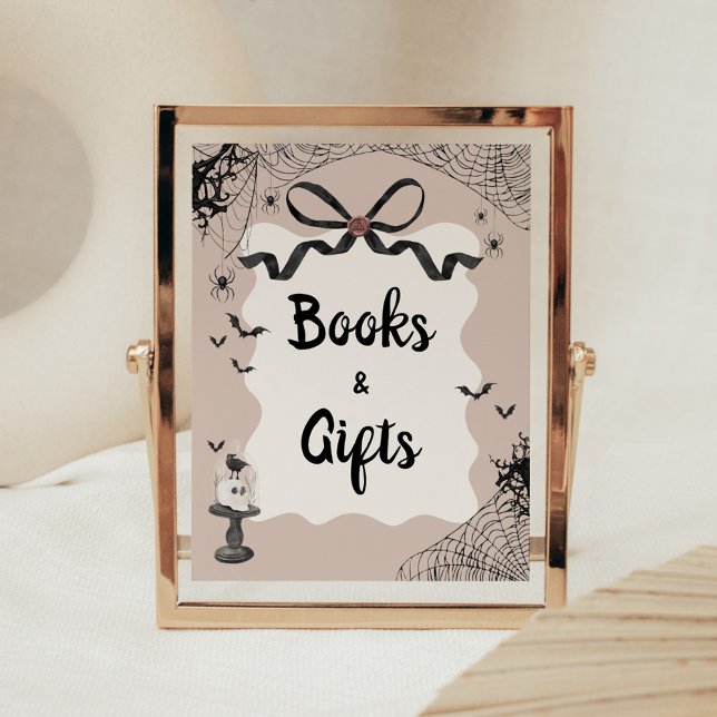Little Boo Gothic Baby Shower Bokar and Gifts Sign Poster (Black Bow Little Boo Halloween Gothic Baby Shower Sign )