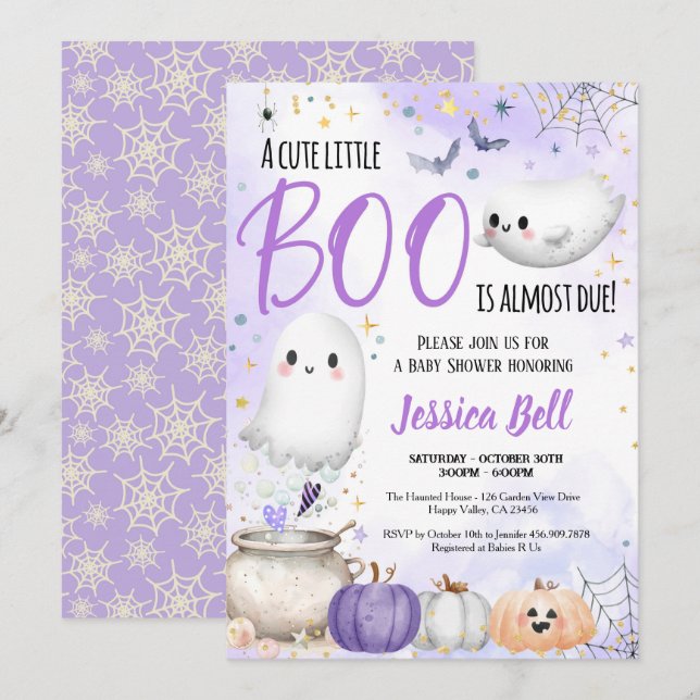 Little Boo Halloween Baby Shower Lila Inbjudningar (Fram/baksida)